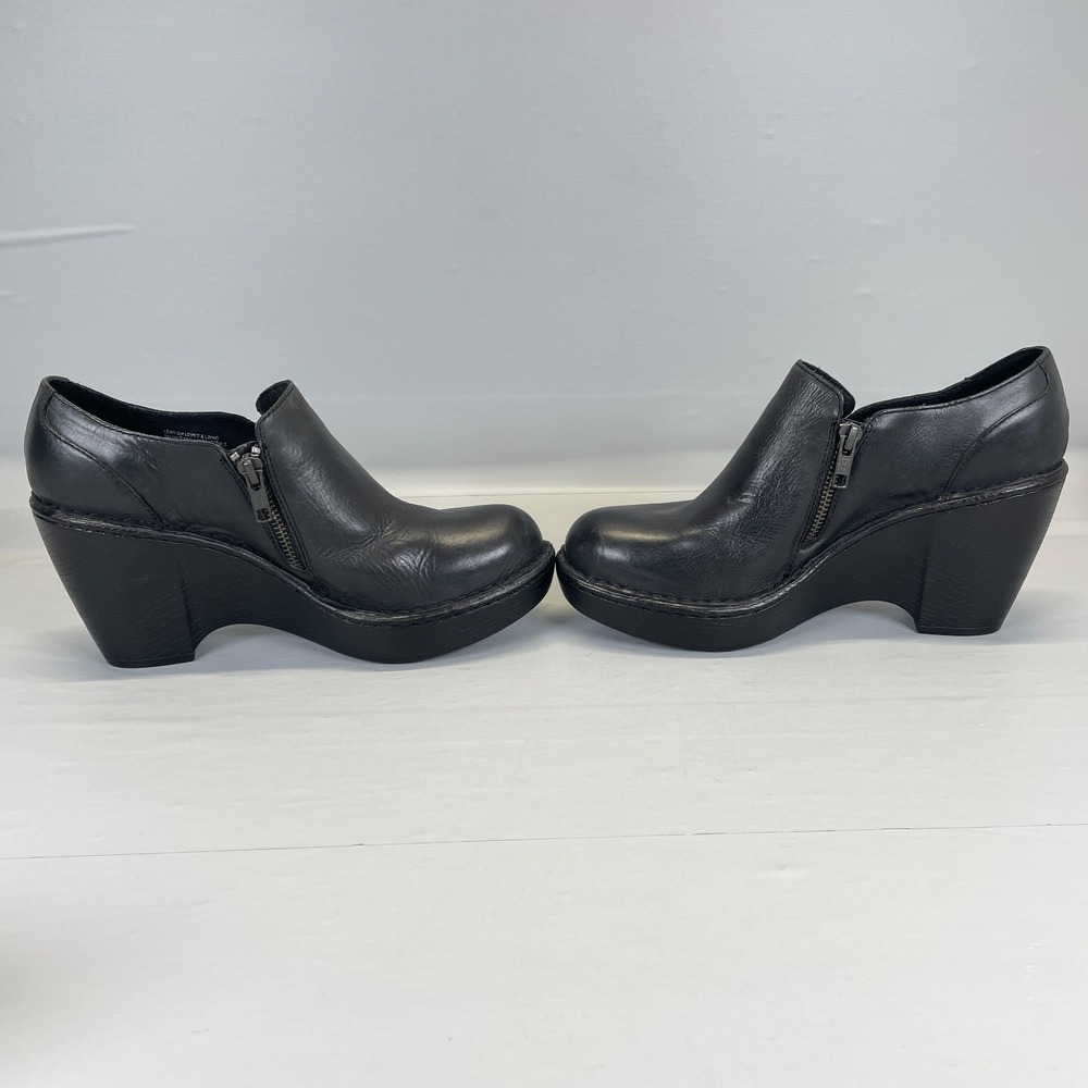 Born Wedge Shoes Womens Size 8 M Black Leather Zip Up Casual Dressy Clogs - Picture 9 of 11